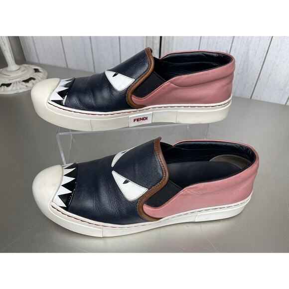 Fendi Monster Eyes Slip On Sneakers Size 38.5 Pink Navy Blue Leather